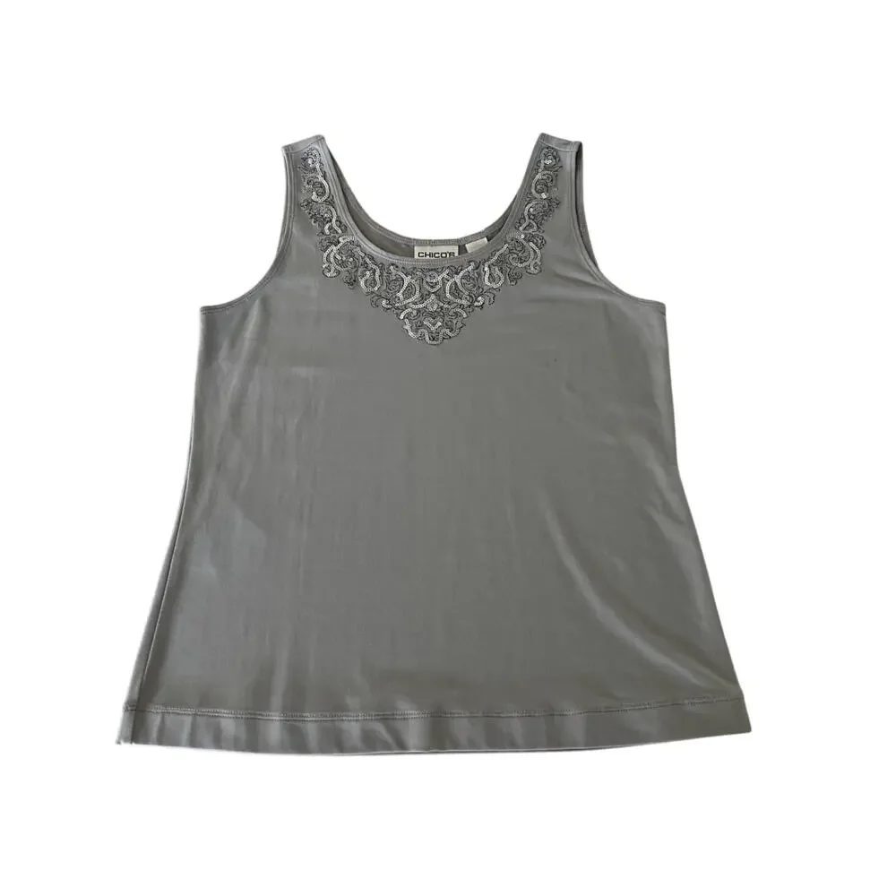 Chico's 0 (Small)Top Tank Top Silver Embellished Neck Wide Straps Dressy Sequins